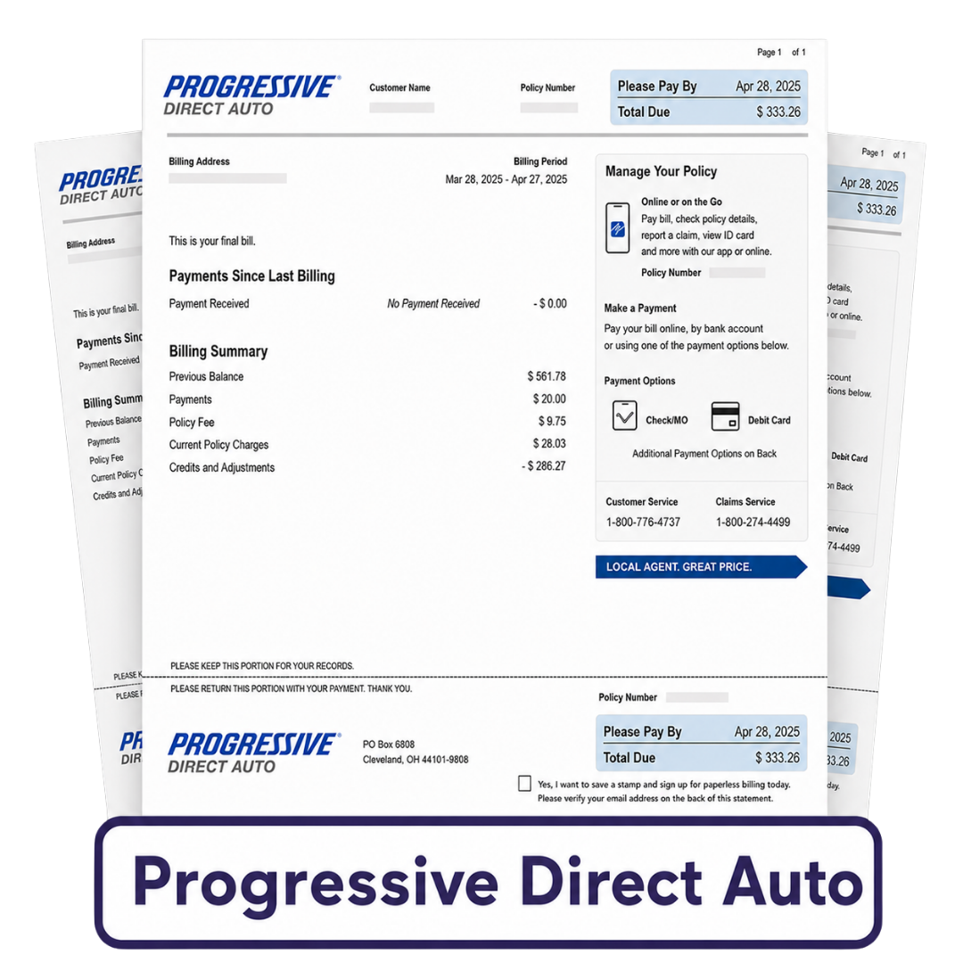 Sample Progressive Direct Auto bill